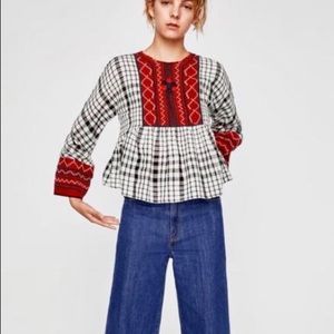 Zara Embroidered Checkered Long Sleeve Bell Blouse